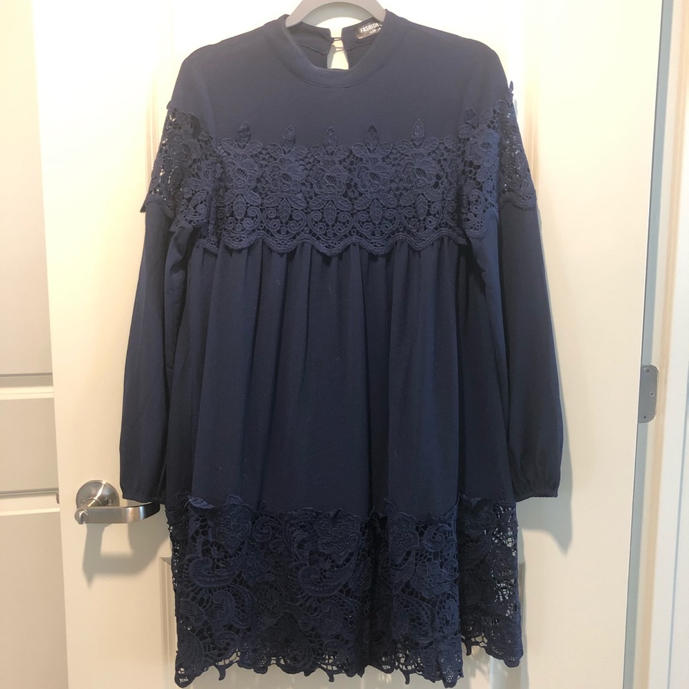 Navy Blue Dress with Lace Detail.